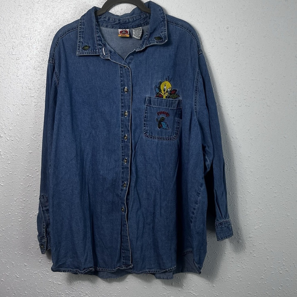 Vintage Looney TOONS Tweety Womens Blue Denim Long Sleeve Top Size 24W/26W